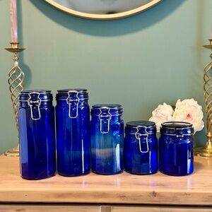 Vintage Cobalt Blue Glass Canister Set 5 Clamp Lid Jars Italian Glass